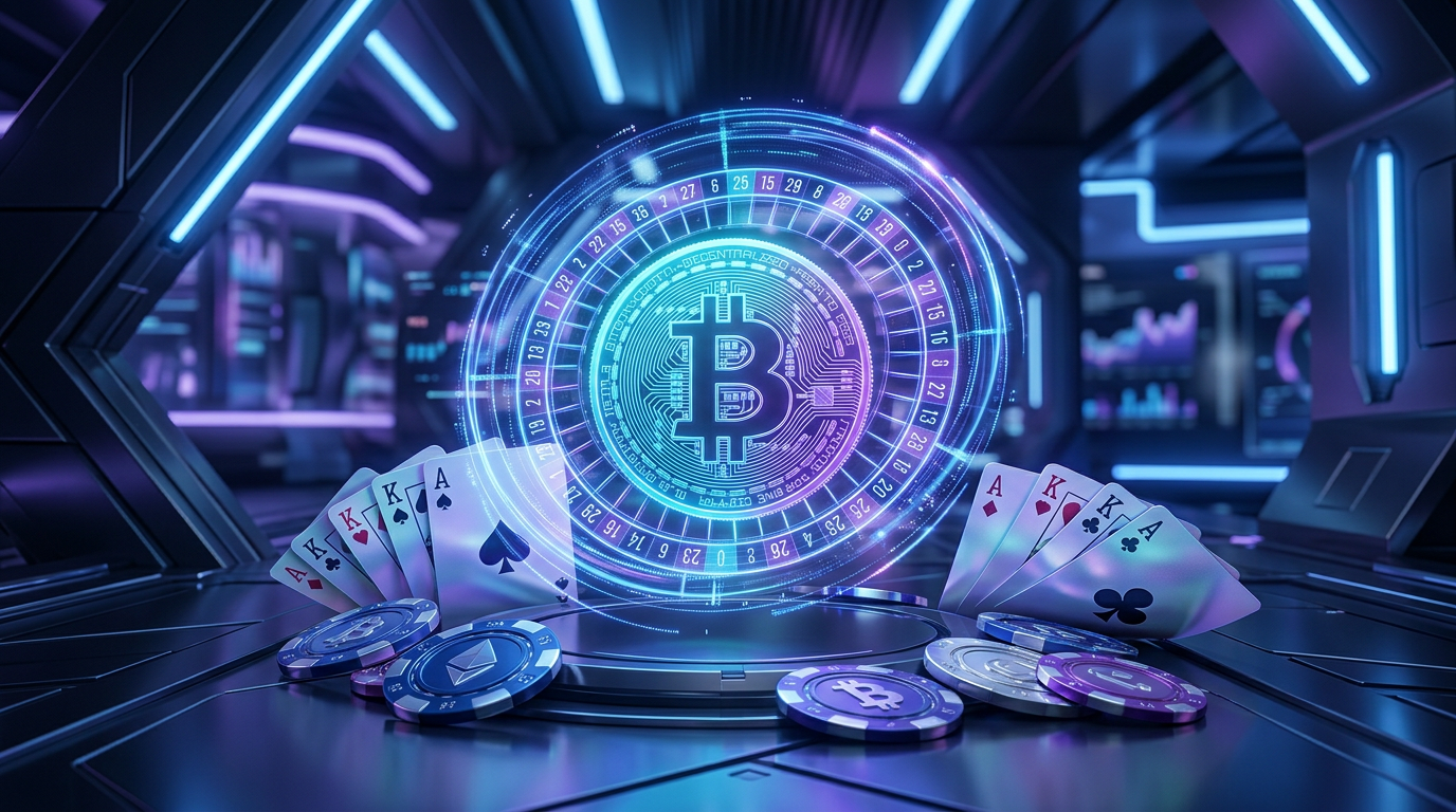 Futurystyczna wizja kryptowalutowego kasyna z logo Bitcoin i żetonami