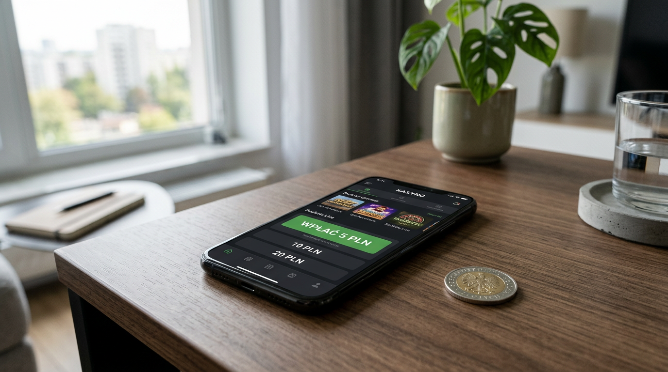 Smartfon z aplikacją kasyna online i moneta 5 zł na jasnym biurku