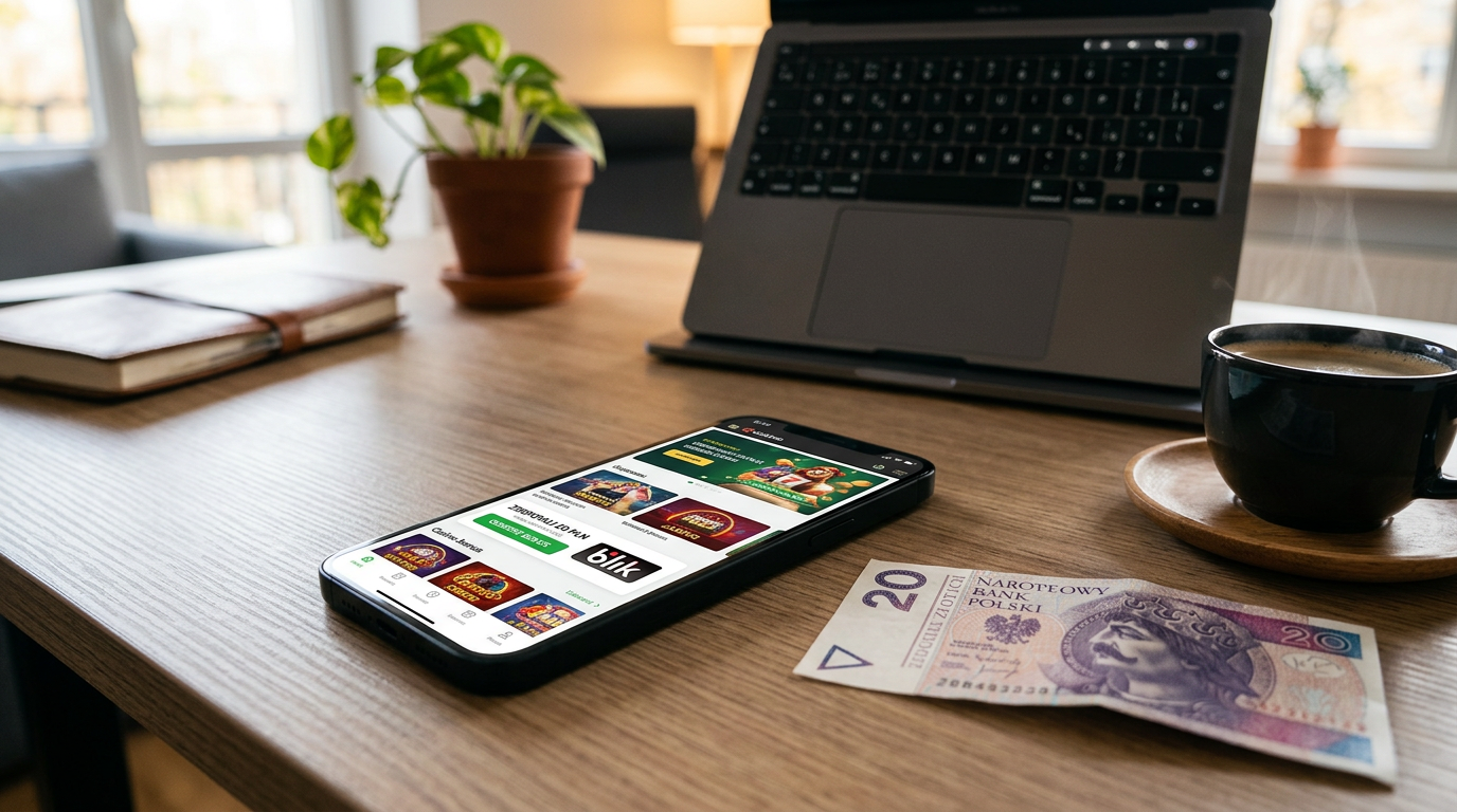Smartfon z aplikacją kasyna online wyświetlającą opcję depozytu 20 PLN oraz polski banknot 20 zł.