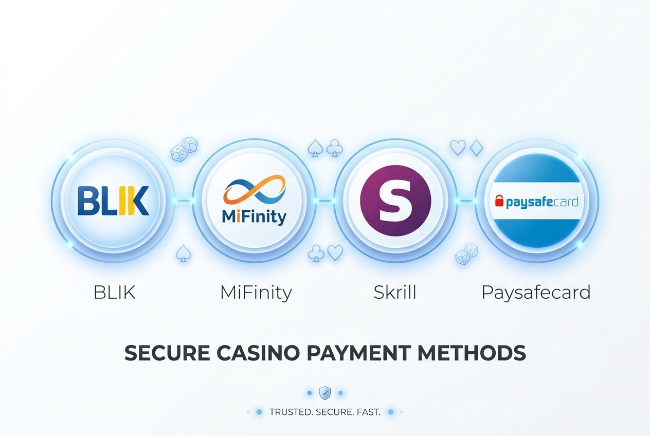 Logotypy metod płatności BLIK MiFinity Skrill i Paysafecard na nowoczesnym tle