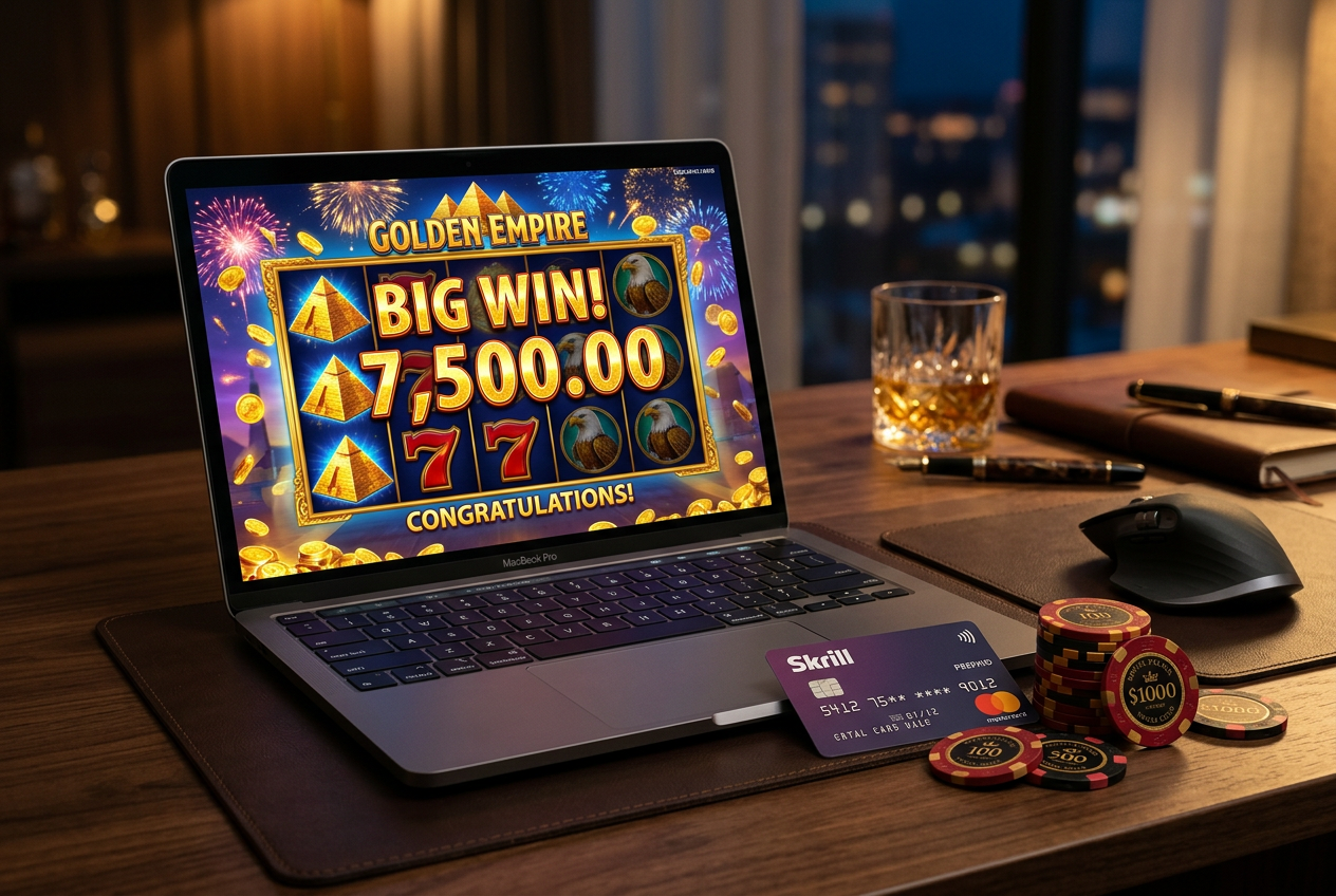 Online casino winning celebration on laptop with Skrill Mastercard on the side
