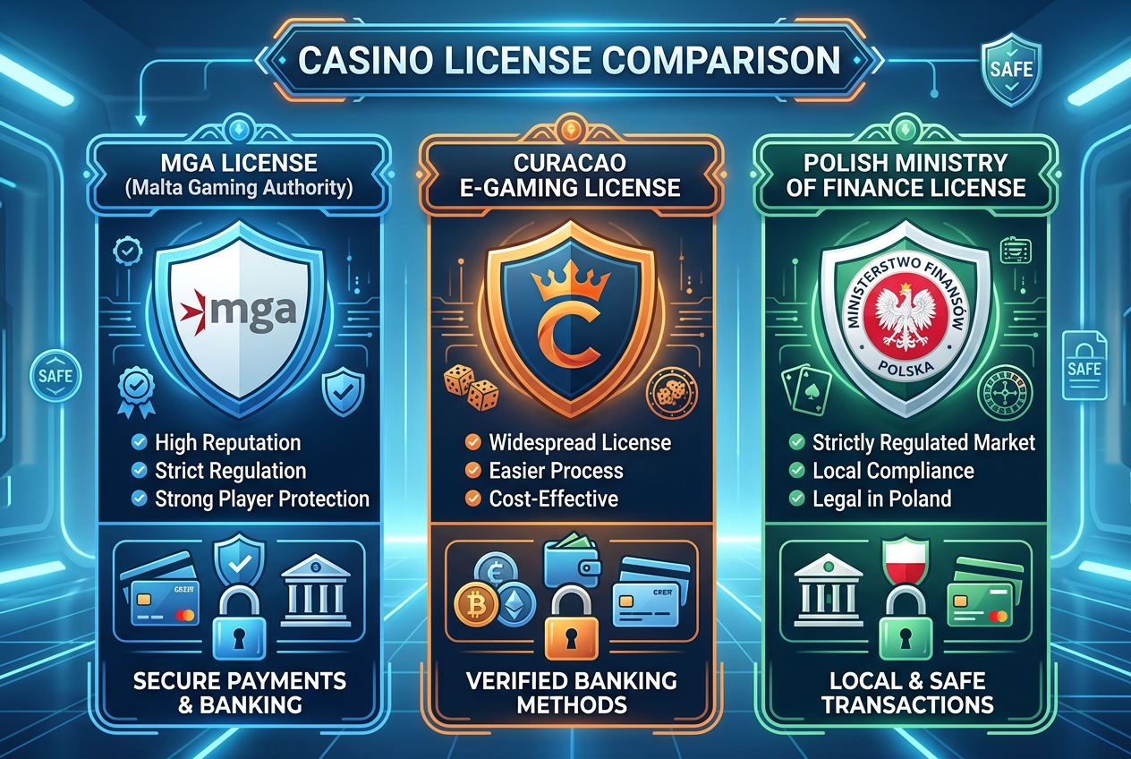 Grafika porównująca licencje kasynowe MGA, Curacao oraz polskie Ministerstwo Finansów