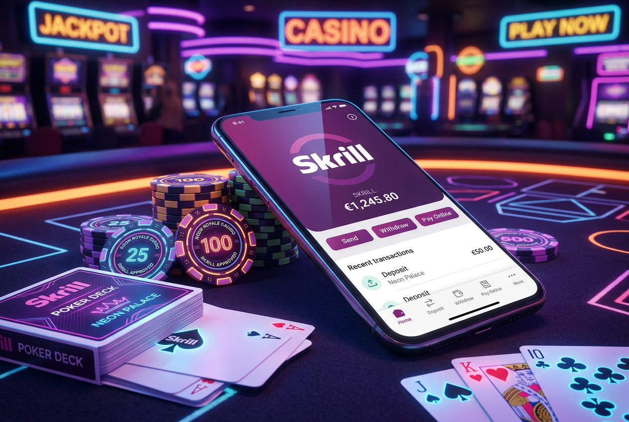 Modern smartphone with Skrill app next to casino chips and cards